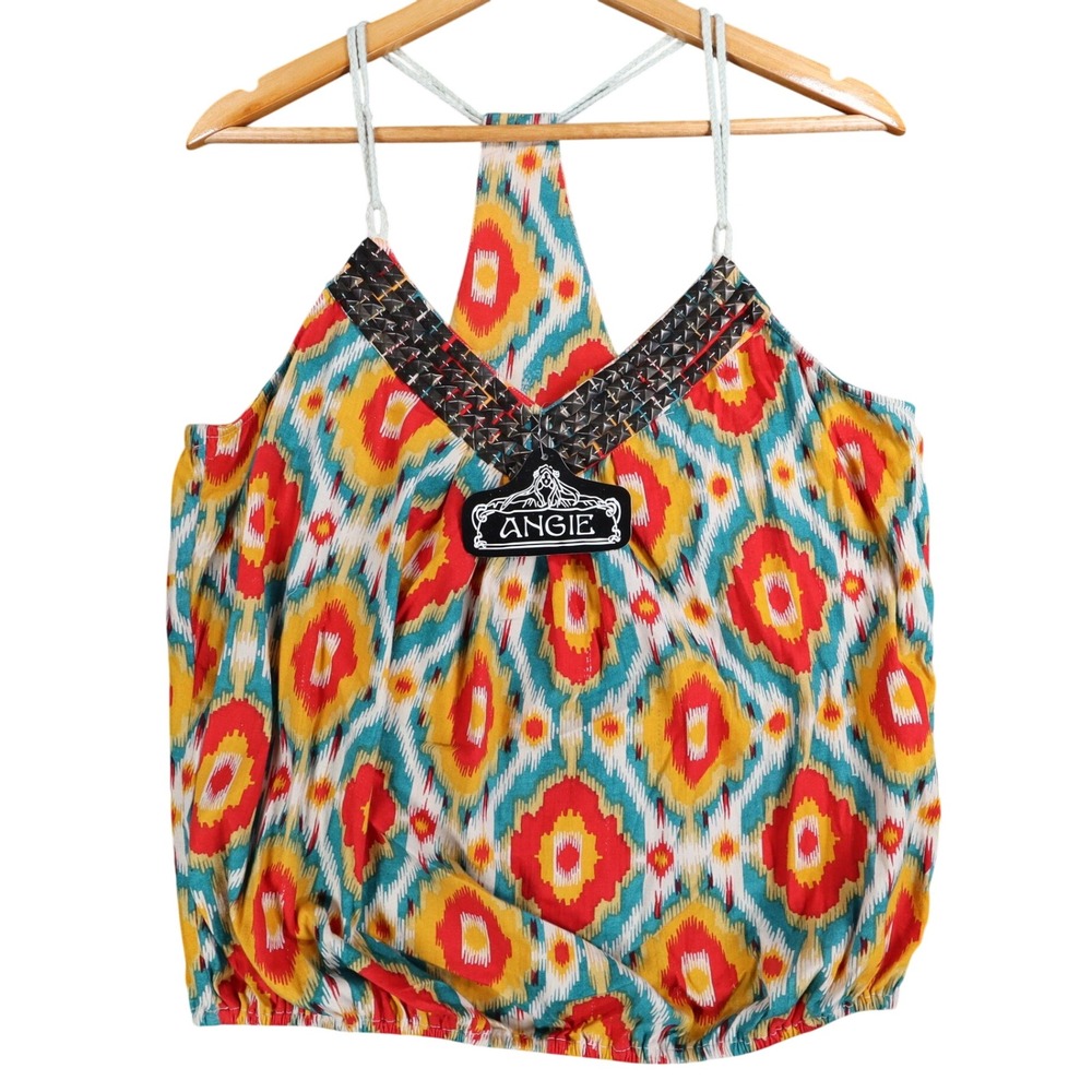 Angie Tank Top Womens Large NWT Ikat Print Studded V-Neck Cotton Racerback C754